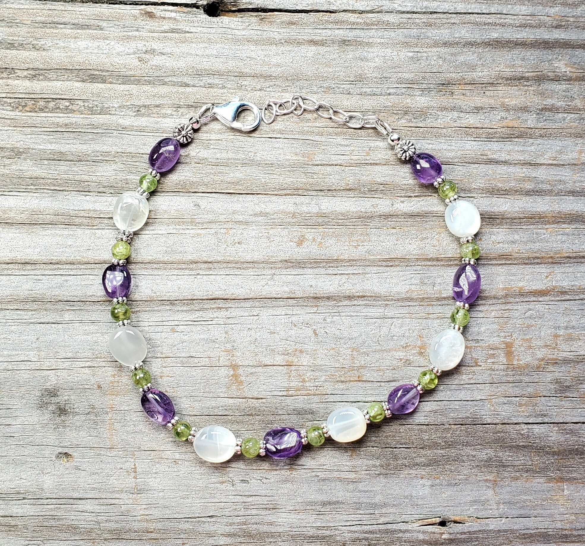 Sterling Silver Multi-Colored Jasper & Amethyst Anklet Bracelet Sterling Silver Multi-Colored Jasper & Amethyst Anklet Bracelet