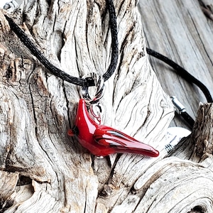 Handmade Lampwork Glass Cardinal Pendant and Cord, Silver or Gold Findings, Cord lengths 16 to 24 inches available