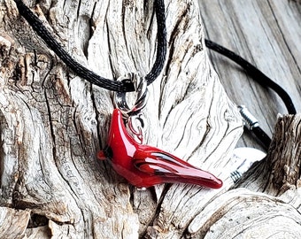 Handmade Lampwork Glass Cardinal Pendant and Cord, Silver or Gold Findings, Cord lengths 16 to 24 inches available