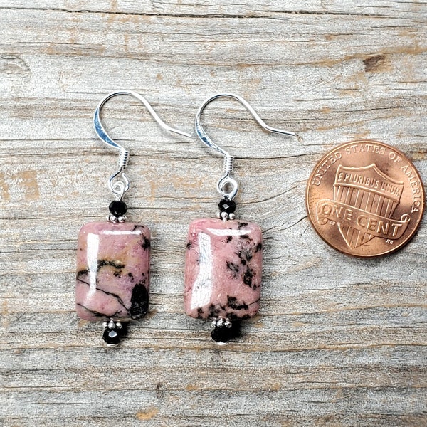 Rhodonite and Onyx Rectangular Earrings, Hypoallergenic Earwire Options