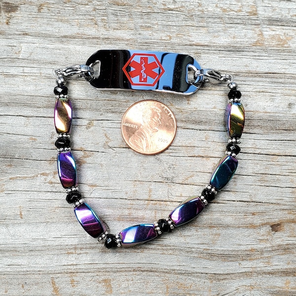 Rainbow Hematite and Onyx Stretchy Medical ID Bracelet, Watch Bracelet, Very durable stretchy band, Multiple sizes available