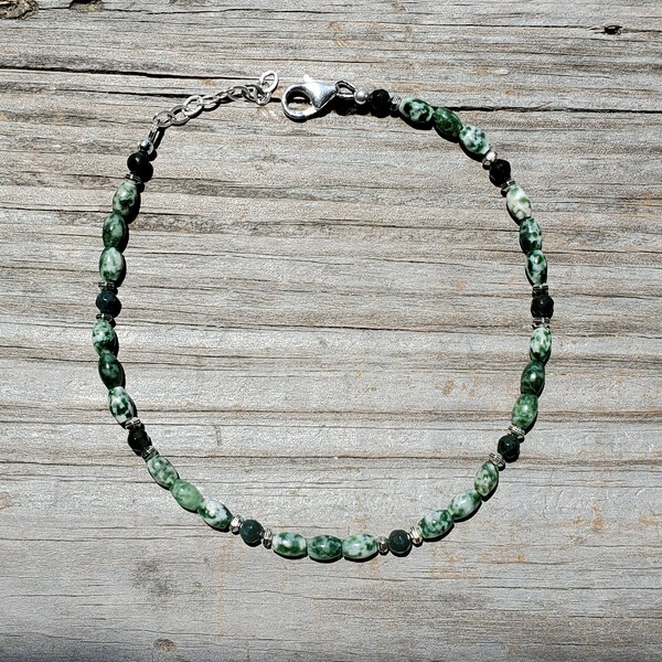 Tree Agate and Jasper Gemstone Adjustable Anklet, Green and White stone anklet