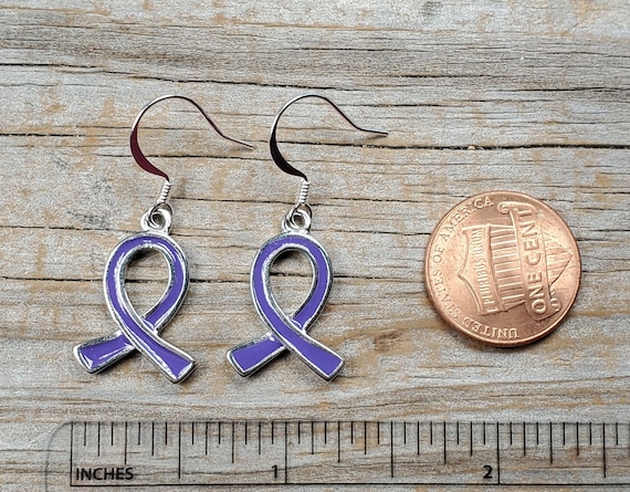 Purple Ribbon Awareness Ribbon Earrings, large ribbon, hypoallergenic earwire options