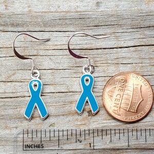 May include: A pair of silver earrings with a blue ribbon charm. The earrings are about the size of a US penny.