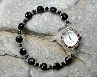 Petite Black Onyx Bracelet Watch, Very durable stretchy band, Multiple sizes available