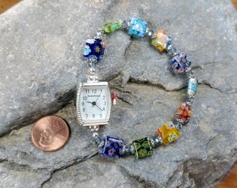 Multi Color Millefiori Glass Beaded Watch, Very durable stretchy band