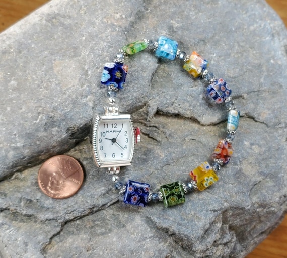 Multi Color Millefiori Glass Beaded Watch, Very durable stretchy band