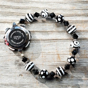 Black and White Handmade Lampwork Glass and Swarovski Crystal Watch, Very durable stretchy band, Multiple sizes available image 3