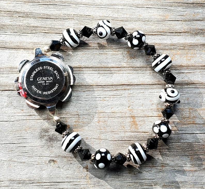 Black and White Handmade Lampwork Glass and Swarovski Crystal Watch, Very durable stretchy band, Multiple sizes available image 3