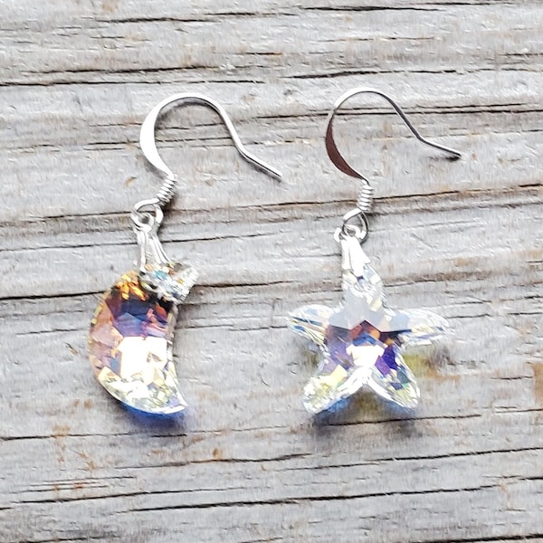 Swarovski AB Crystal Moon and Star Earrings, Aurora Borealis, Silver or gold findings