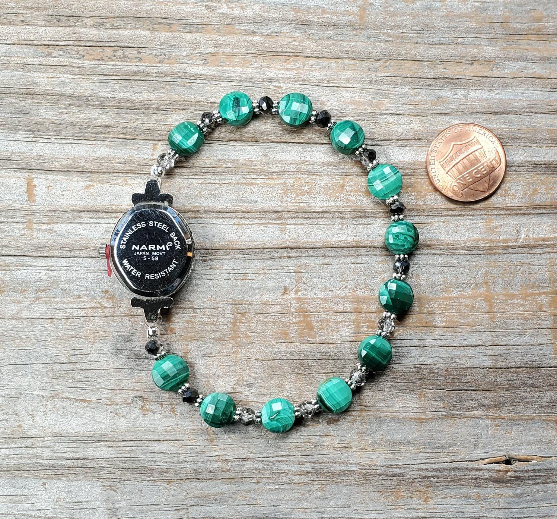 Green Malachite Beaded Bracelet Watch with Gold & Crystal Accents The earth as a watch ? An incredible and mesmerising  main image 3