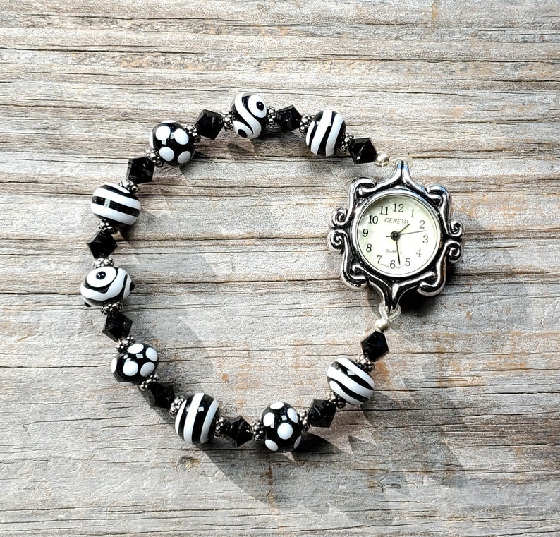 Black and White Handmade Lampwork Glass and Swarovski Crystal Watch, Very durable stretchy band, Multiple sizes available image 1