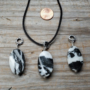 Black and White Zebra Jasper Pendant and Cord, Silver Plated Clasp and Chain, Multiple Cord Sizes Available 16 - 24 inches