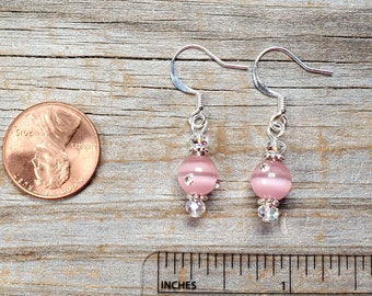 Pink Cats Eye and Rhinestone Earrings, Silver or gold findings, Hypoallergenic Earwire Options