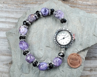 Purple Sugilite & Onyx Gemstone Watch, Very Durable stretchy band