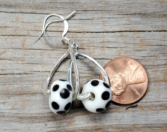 Dark Brown and White Spotted Lampwork Glass Earrings, Hypoallergenic earwire options