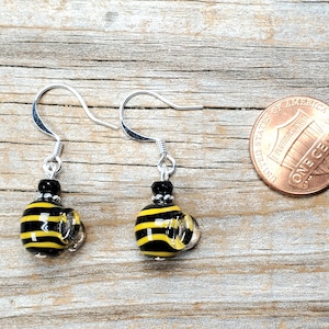 Handmade Lampwork Glass Bumble Bee Earrings, Silver or Gold Findings Available, Hypoallergenic earwire options
