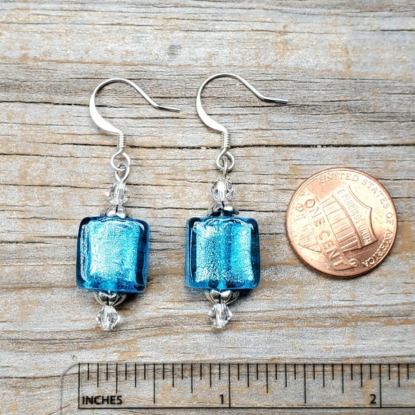 Blue Foil Glass and Swarovski Crystal Earrings, Hypoallergenic earwire options