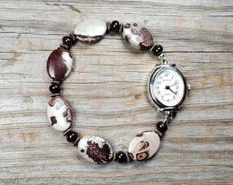 Crazy Horse Jasper and Garnet Gemstone Watch, Very durable stretchy band, multiple sizes available