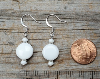 White Agate Coin Shaped Earrings, Gold or Silver Findings, Hypoallergenic earwire options