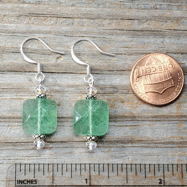 Green Fluorite and Swarovski Crystal AB Earrings, Gemstone Earrings, Hypoallergenic Earwire Options, Available in gold or silver findings