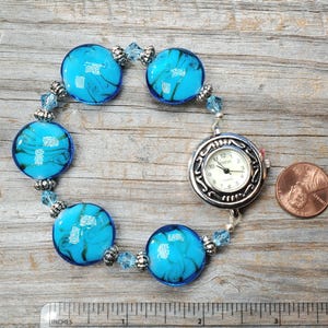 Blue lampwork glass watch, stretchy watch bracelet, multiple sizes available