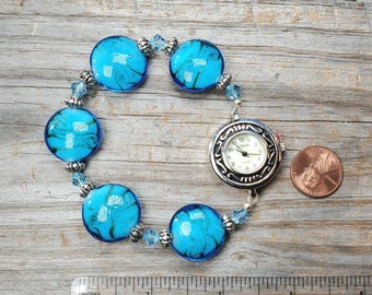 Blue & Green lampwork glass watch, very durable stretchy watch bracelet