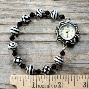 Black and White Handmade Lampwork Glass and Swarovski Crystal Watch, Very durable stretchy band, Multiple sizes available image 2