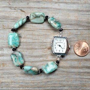Blue Green African Turquoise Gemstone Watch, very durable stretchy band