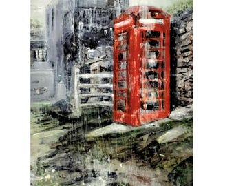 Original Framed Mixed Media Painting, K6 Telephone Box, Portwrinkle, Cornwall, On Yupo Paper