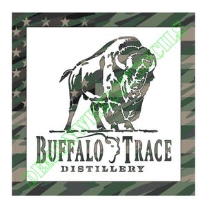 May include: A square stencil featuring a silhouette of a buffalo filled with a camouflage pattern. Below the buffalo, the text reads BUFFALO TRACE DISTILLERY in a bold, serif font. The entire design is set against a camouflage background.