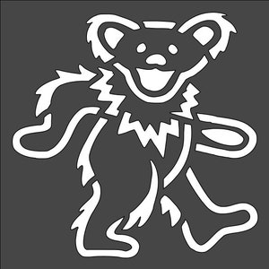 May include: A white outline of a cartoon bear with a happy expression. The bear is walking and has a jagged fur pattern.