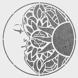 May include: A black and white illustration of a sun and moon with intricate designs. The sun and moon are overlapping, creating a unique and symbolic image.