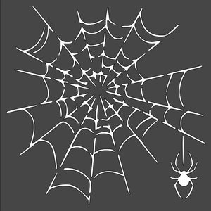 May include: A white spider web with a spider hanging from a strand of web. The spider has eight legs and a round body.
