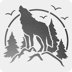 May include: A black and white stencil of a wolf howling at the moon with trees and birds in the background.