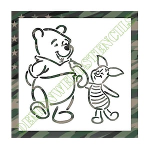 May include: A stencil design featuring Winnie the Pooh and Piglet, outlined in a camouflage pattern. The characters are holding hands, set against a white background with a green and camouflage border. The text "DENWEL STENCILS" is visible.