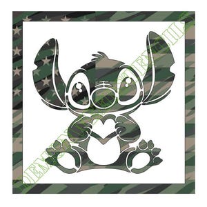 May include: A white silhouette of a cartoon character holding a heart, with a camouflage pattern fill. The character has large ears and eyes. The image is set against a camouflage and star-patterned border.