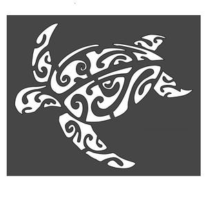 May include: A white, stylized sea turtle design against a dark gray background. The turtle is depicted in a tribal art style, with intricate swirling patterns filling its form. The design is symmetrical and appears to be a stencil or cut-out.