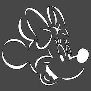 May include: A white silhouette of a cartoon mouse with a large bow on its head. The mouse is looking to the right and has a large, round nose.