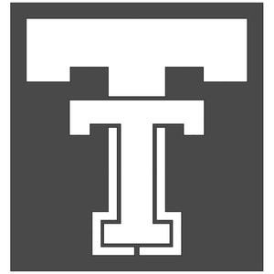 May include: A white letter "T" design on a dark gray square background. The "T" is a bold, blocky font, with a rectangular top and base. The design is simple and graphic.