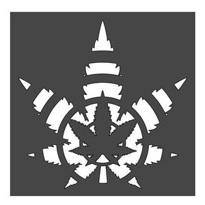 May include: A grayscale graphic of a cannabis leaf design. The leaf is the central focus, with a circular pattern surrounding it. The design is set against a dark gray background, creating a contrast between the white and dark gray elements.