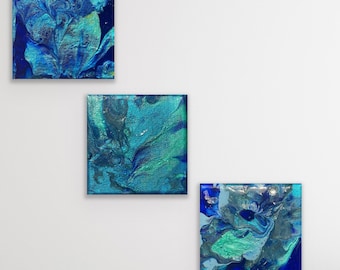 小さな抽象画：アクアブルー樹脂アート（5.91x8.27インチ） - Etsy 日本
