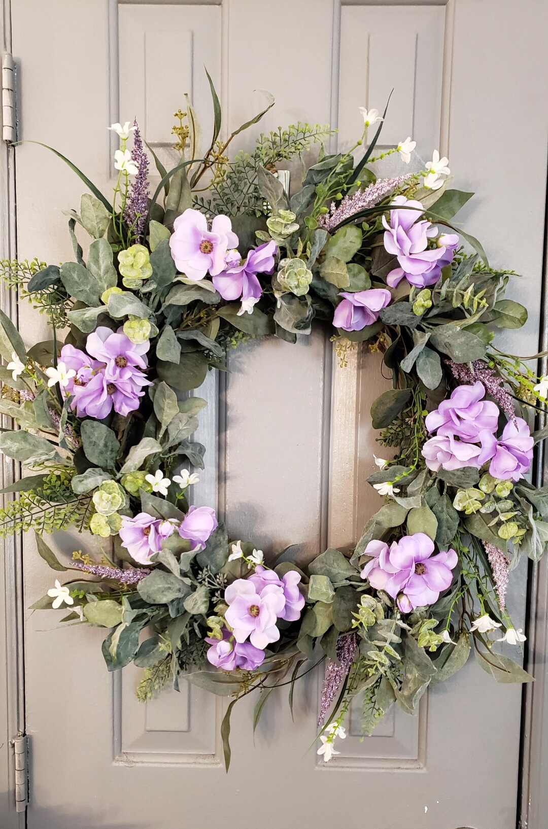 Purple Butterfly Ranunculus Wreath, Summer Eucalyptus Lambs Ear Wreath ...