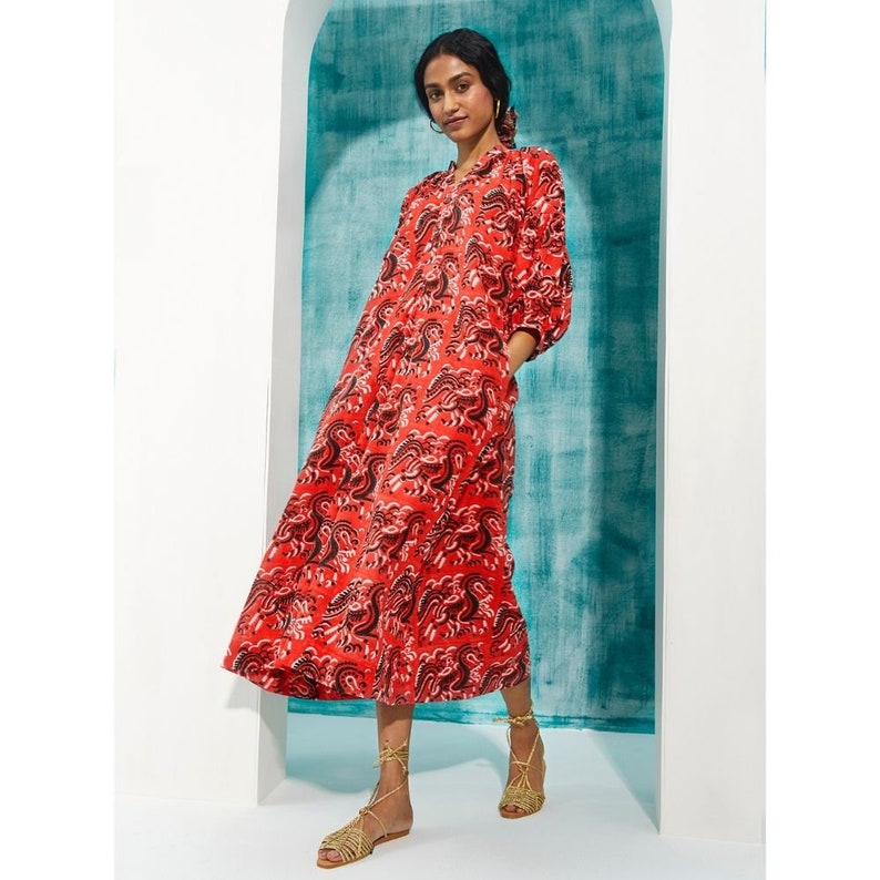 swing midi dress Orange Tribal Print Cotton breathable fit thats perfect for warm days Memoriesea Women's Elegant Square Neck