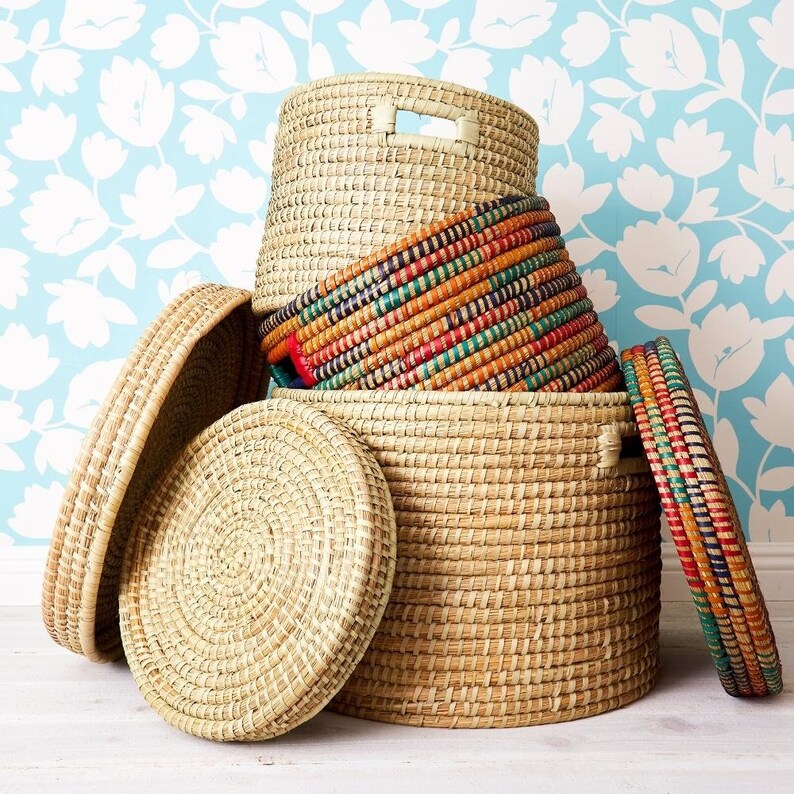 Medium Colorful Lidded Kaisa Grass Basket from Bangladesh Etsy