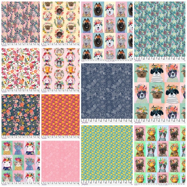 Floral Pets - Fat Quarter 14pc/bundle - Par Mia Charro pour FreeSpirit Fabrics - Vendu par lot - En stock et expédié aujourd'hui