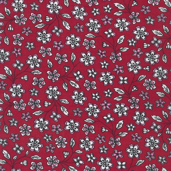 Cali Fabrics Pink and White Mini Floral on Burgundy London Calling Cotton  Lawn from Robert Kaufman Fabric by the Yard