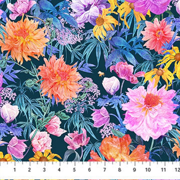 Margo Rayon 53" - Teal Garden Party - By Adriana Picker For FIGO - Sold By The Yard - In Stock And Ships Today