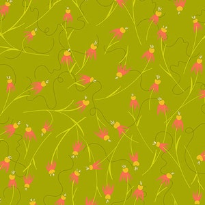 May include: A repeating pattern of stylized pink flowers with yellow centres and green stems and vines on a chartreuse background. The floral design is a whimsical, artistic representation of nature.