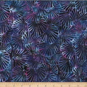 May include: Textile featuring a repeating fan-shaped design in blue, purple, and black hues. The pattern consists of curved lines emanating from a central point, producing a textured, layered appearance. Suitable for sewing and craft projects.